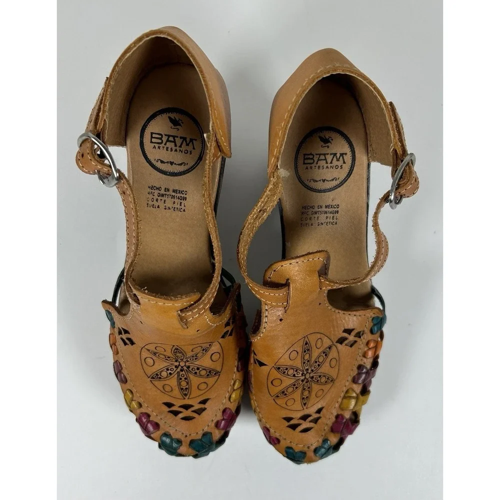 Mexican Leather Huarache Platform Chunky Heel Sandals Mexico 4 US 6-6.5 Colorful